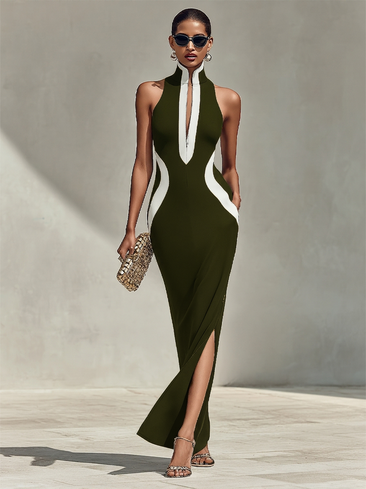 Women's Navy & White Form-Fitting Gown With Front Zipper Detail & Side Slit, Effortless Elegant Formal Dress MDZ1519D1LYL