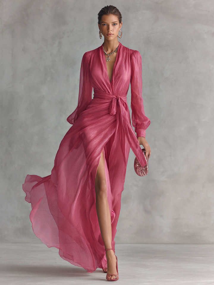 Women's Elegant Rose Pink Pearl Chiffon V-neck Tie-waist Long Dress MDZ1925A7BA