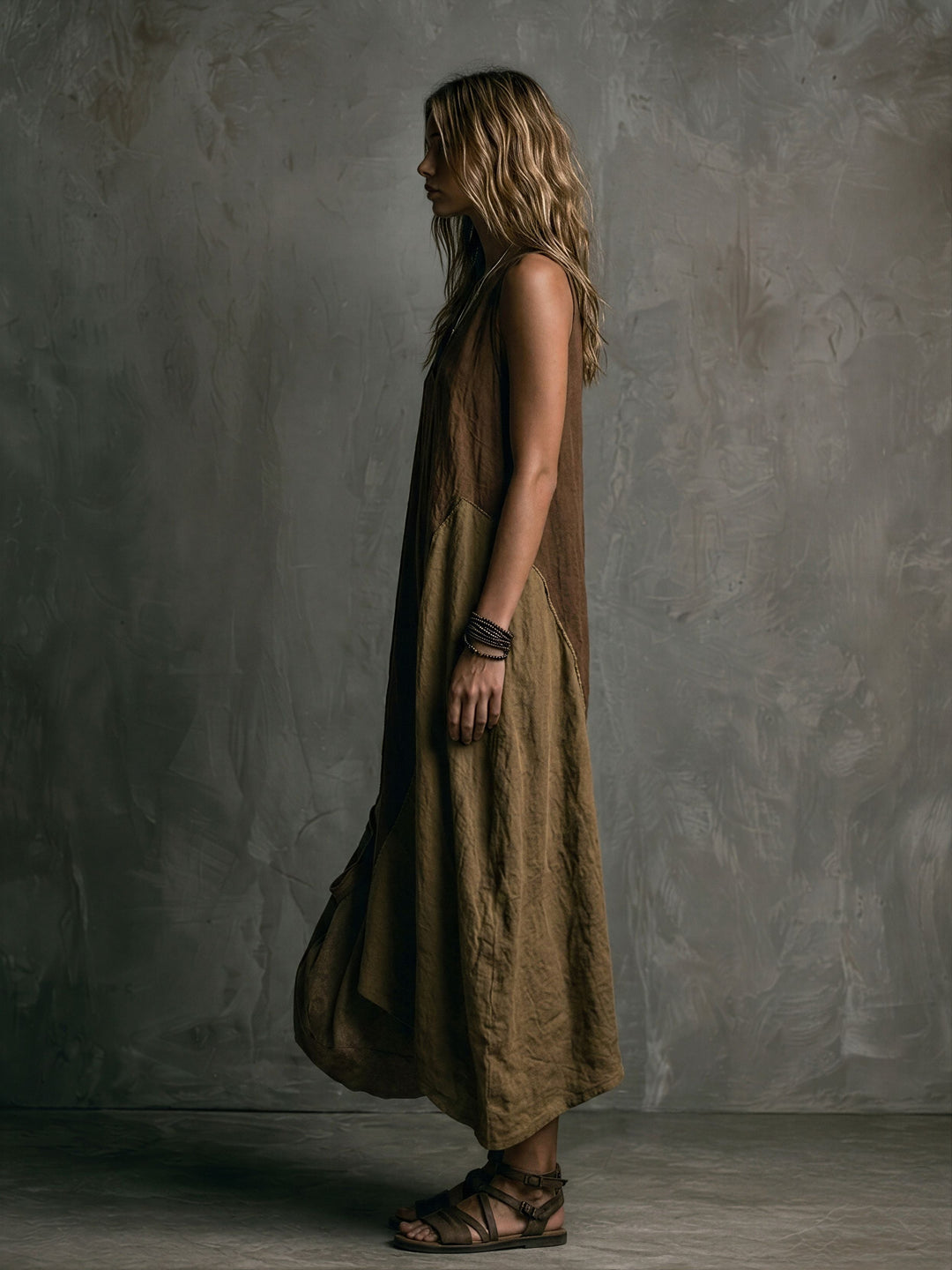 Brown And Khaki Cotton-Linen Patchwork V-Neck Sleeveless Asymmetrical Long Dress