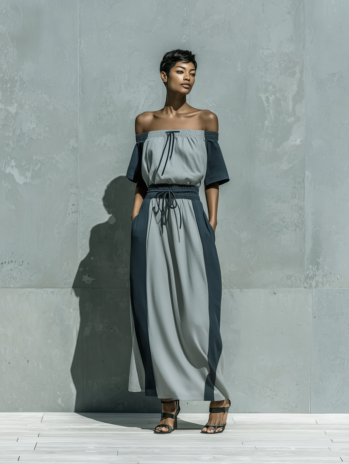 Women’s Two Tone Grey Off The Shoulder Short Sleeve Drawstring Waist Color Block Loose Maxi Dress With Side Pockets MDZ2924F0T