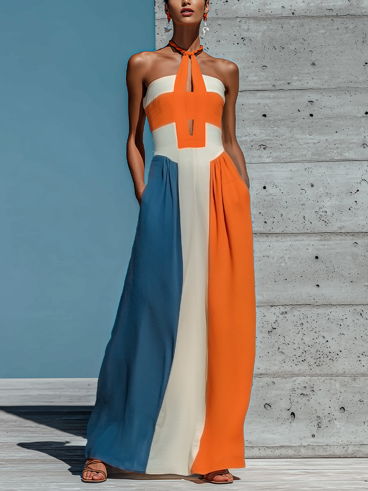 Colorblock Halter Pleated Maxi Dress