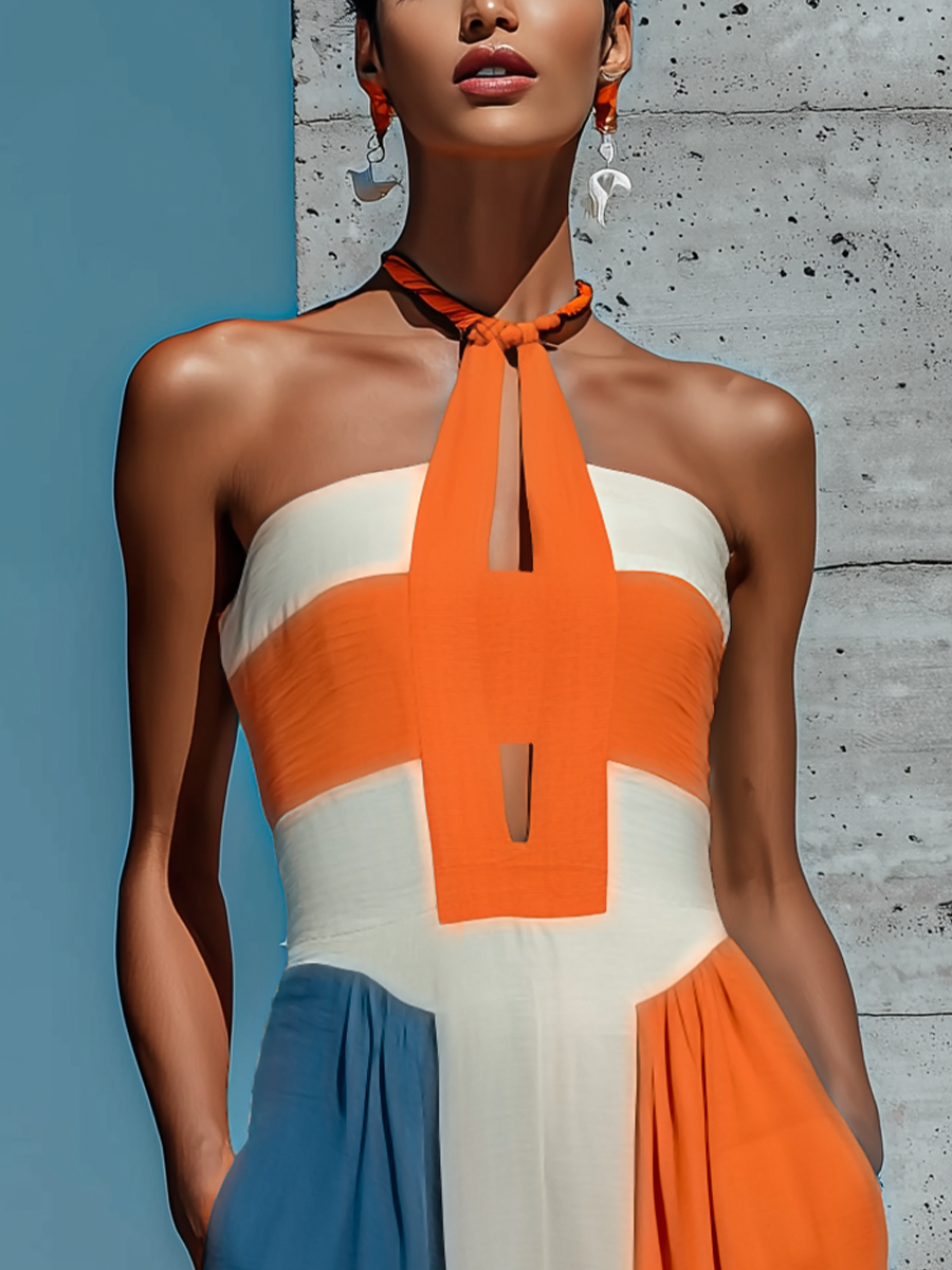 Colorblock Halter Pleated Maxi Dress