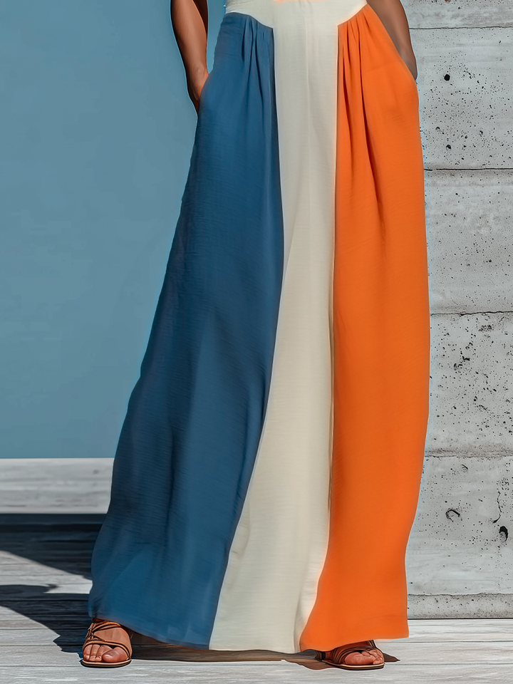 Colorblock Halter Pleated Maxi Dress