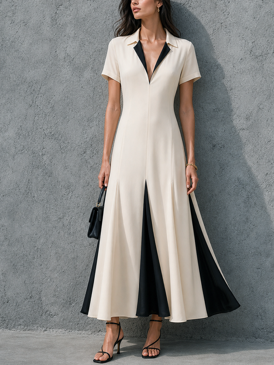 Women's Elegant Workwear Style Off-White Cotton Blend Color Block Lapel Short Sleeve Maxi Dress MDZ3023F5GMJ