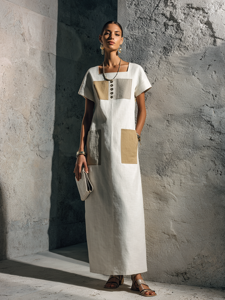 Women's Minimalist Style Off-White Linen Cotton Square Neck Short Sleeve Patch Pocket Maxi Dress MDZ3055F9GMJ