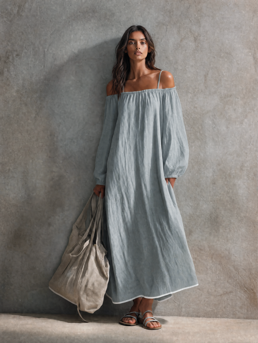 Women's Casual Light Grey-blue Cotton-linen Maxi Dress With Spaghetti Straps, Off-shoulder Design, And Long Sleeves MDZ0266G4LXY