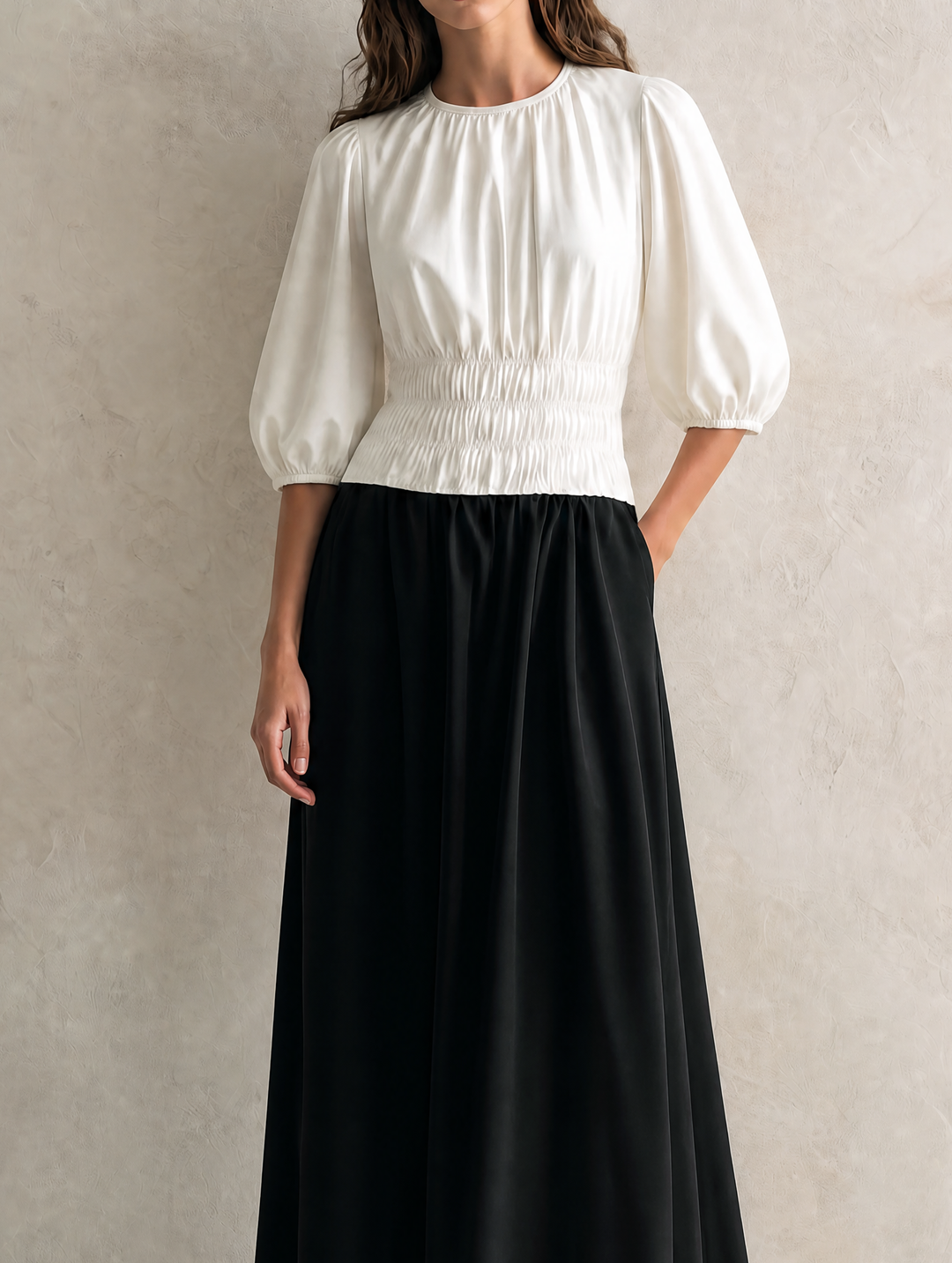 Women's Casual Black And White Woven Maxi Dress With A Round Neck And Mid-length Sleeves MDZ0231G6LXY