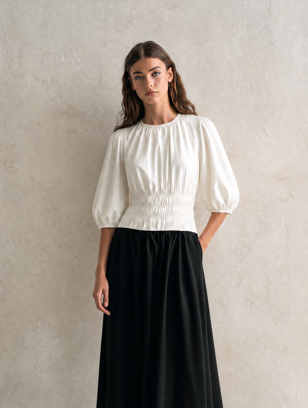 Women's Casual Black And White Woven Maxi Dress With A Round Neck And Mid-length Sleeves MDZ0231G6LXY