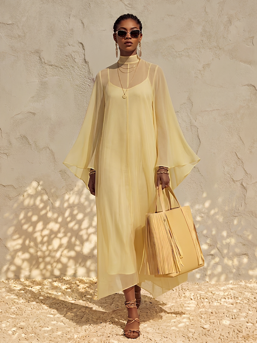 Women's Pale Yellow Sheer Chiffon Maxi Dress With Mock Neck Bell Flare Sleeves & Inner Slip Camisole, Minimalist Boho Resort Flowy Maxi Dress MDZ0287G2LYL