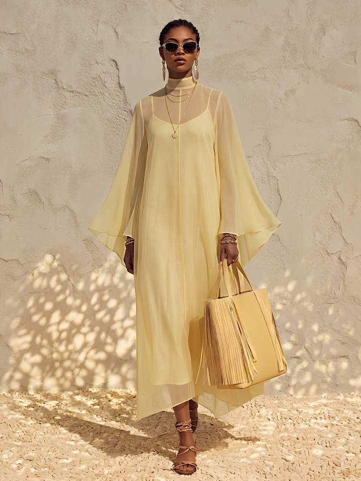 Women's Pale Yellow Sheer Chiffon Maxi Dress With Mock Neck Bell Flare Sleeves & Inner Slip Camisole, Minimalist Boho Resort Flowy Maxi Dress MDZ0287G2LYL