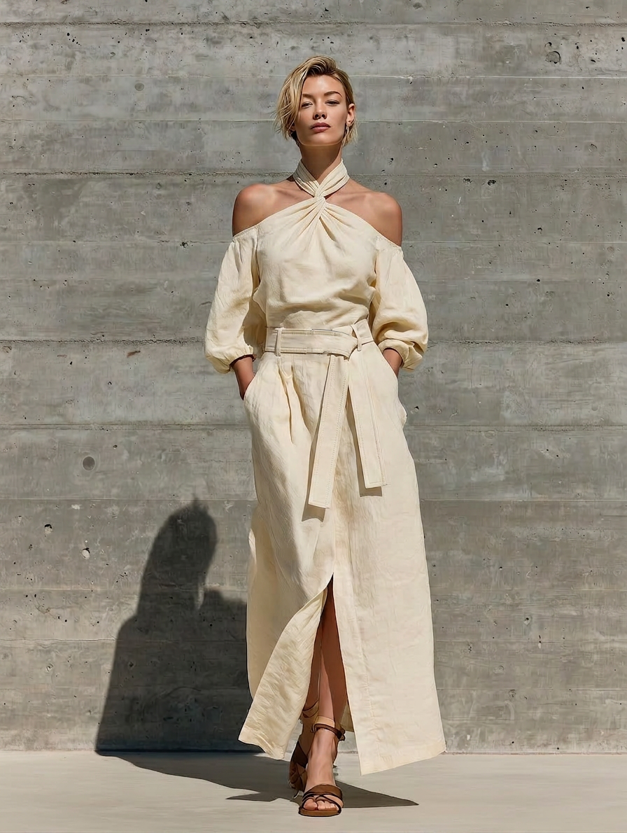 Women’s Cream Linen Twist Halter Off Shoulder Puff Elbow Sleeve Self Belt Waist Front Split Maxi Dress MDZ0278G5T