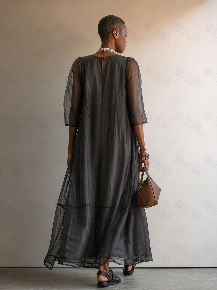 Women’s Dark Gray Minimalist Sheer Chiffon Overlay Round Neck Mid Sleeve Flowy Tiered Oversized Maxi Dress MDZ0299G1T