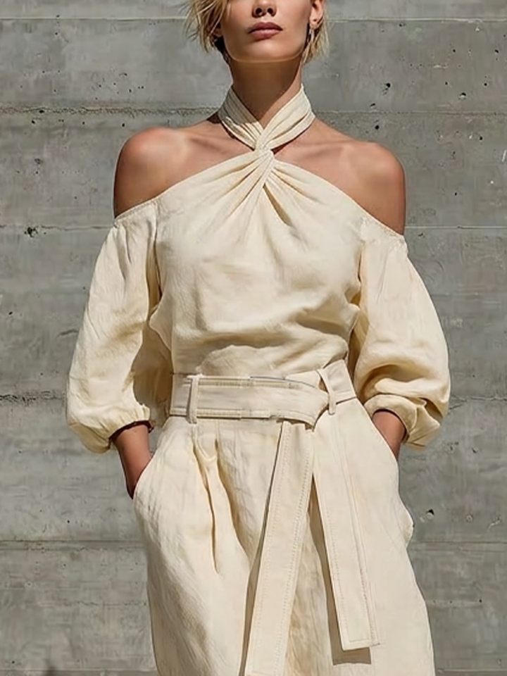 Women’s Cream Linen Twist Halter Off Shoulder Puff Elbow Sleeve Self Belt Waist Front Split Maxi Dress MDZ0278G5T