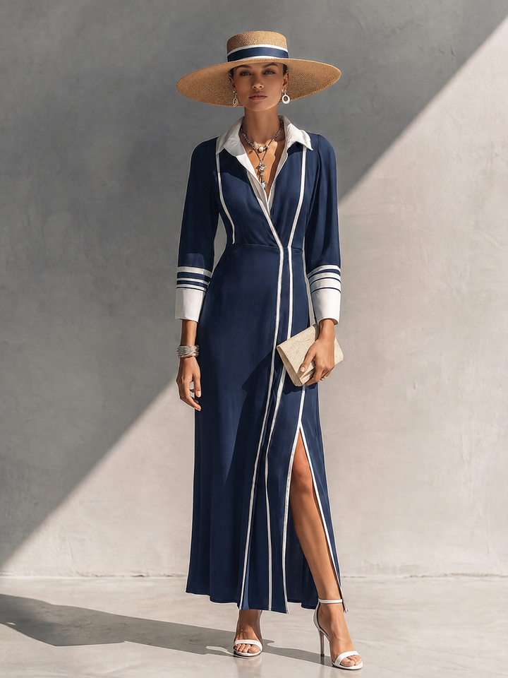 Women's Affordable Luxury Navy Cotton Blend Contrast Color Collar 3/4 Sleeve Side Slit Knit Dress MDZ0210G4GMJ