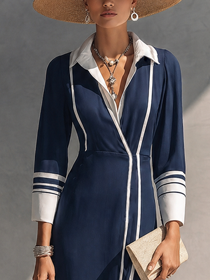Women's Affordable Luxury Navy Cotton Blend Contrast Color Collar 3/4 Sleeve Side Slit Knit Dress MDZ0210G4GMJ