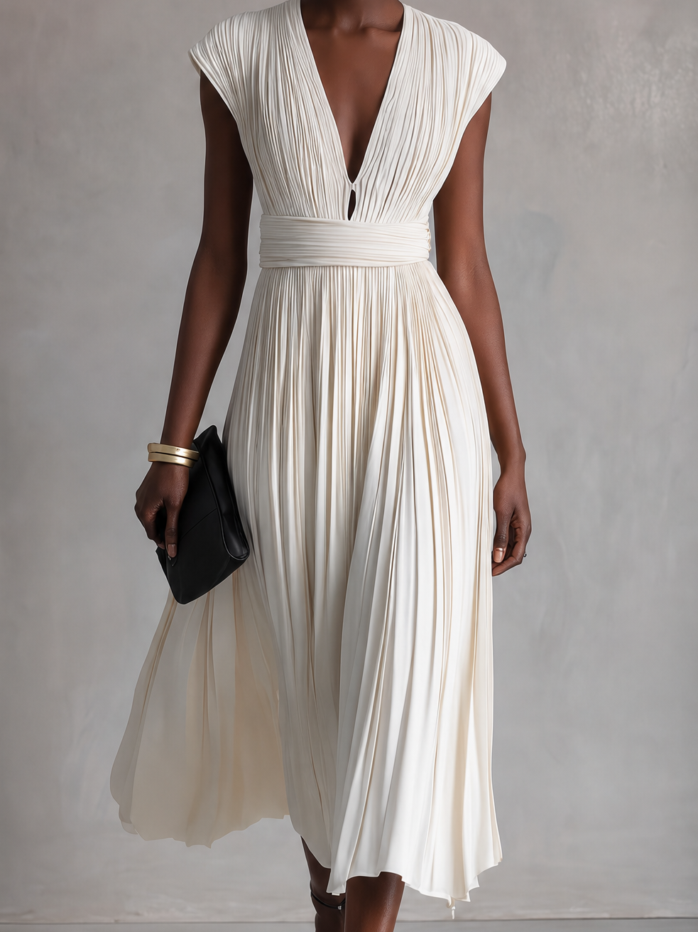 Women's Elegant Ivory Pleated Deep V-Neck Cap Sleeve Wide Waistband Flowy Midi Dress MDZ0392G2O