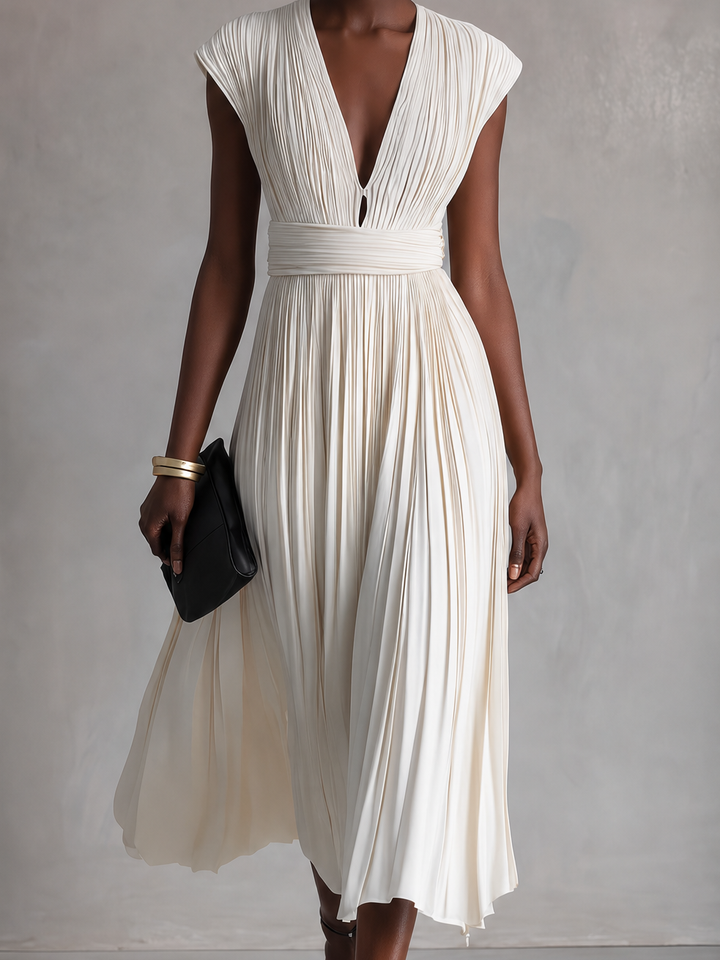 Women's Elegant Ivory Pleated Deep V-Neck Cap Sleeve Wide Waistband Flowy Midi Dress MDZ0392G2O