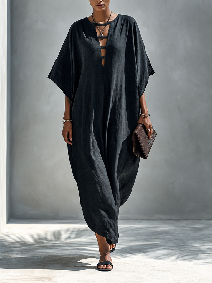 Deep V Linen Maxi Dress