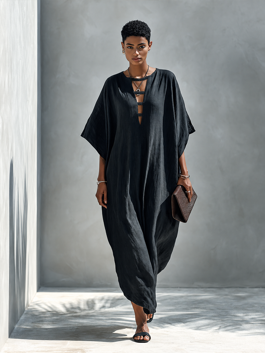 Deep V Linen Maxi Dress