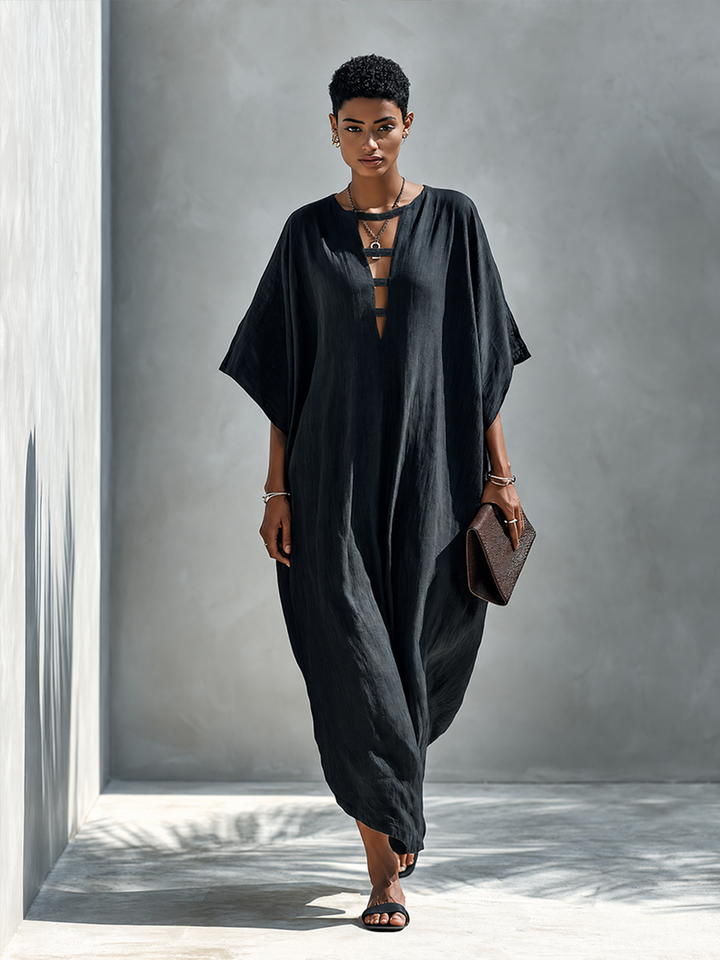 Deep V Linen Maxi Dress