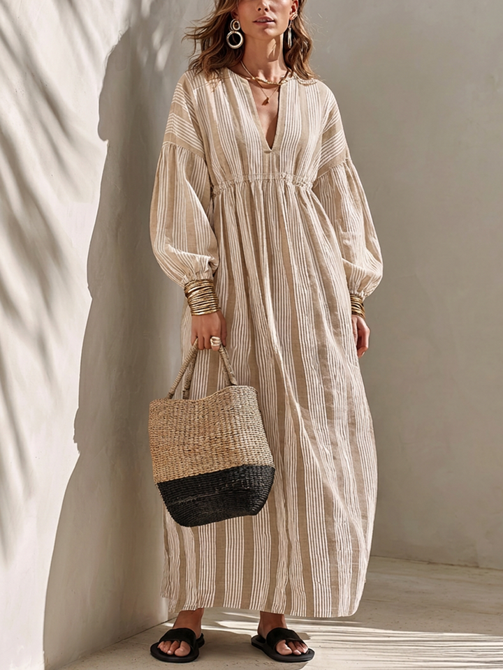 Women's Minimalist Off-White Vertical-Stripe Linen Maxi Dress MDZ0321G1ZRK