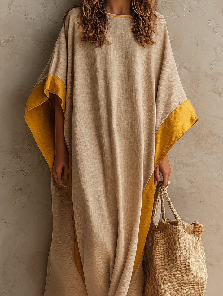 Women's Casual Khaki Cotton-linen Maxi Dress With A Round Neck And Batwing Sleeves MDZ0647G5LXY