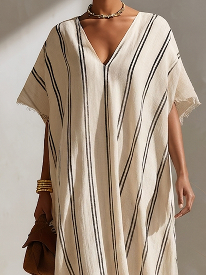 Women's Minimalist Beige & Black Diagonal-Stripe Linen Kaftan Midi Dress With Fringed Details MDZ0621G6ZRK