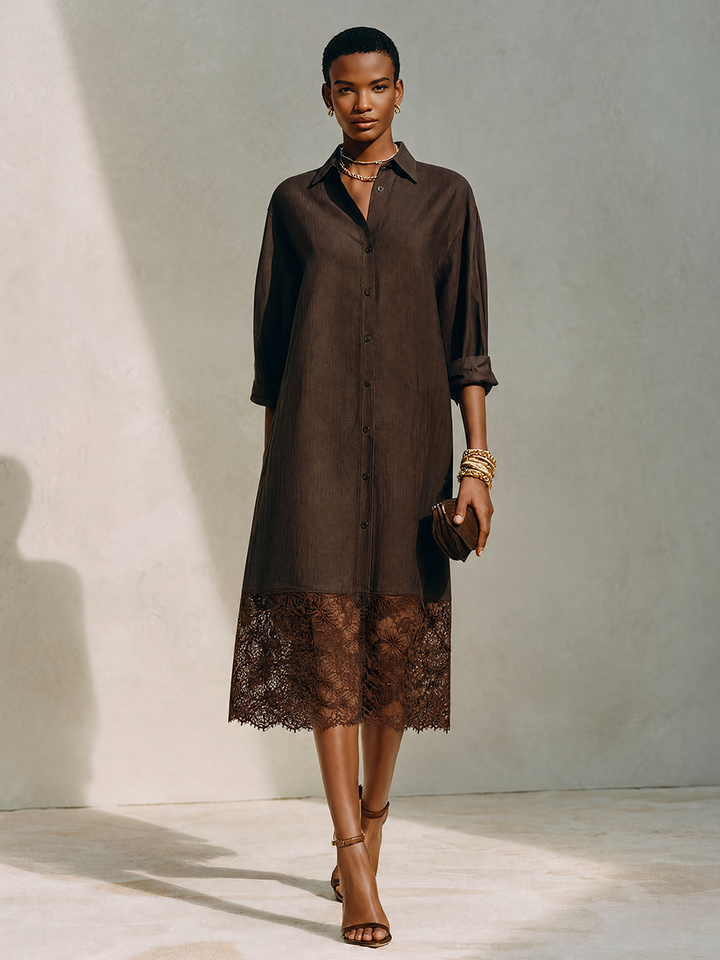 Women's Minimalist Solid Brown Linen & Lace-Panel Midi Shirt Dress MDZ0684G8ZRK
