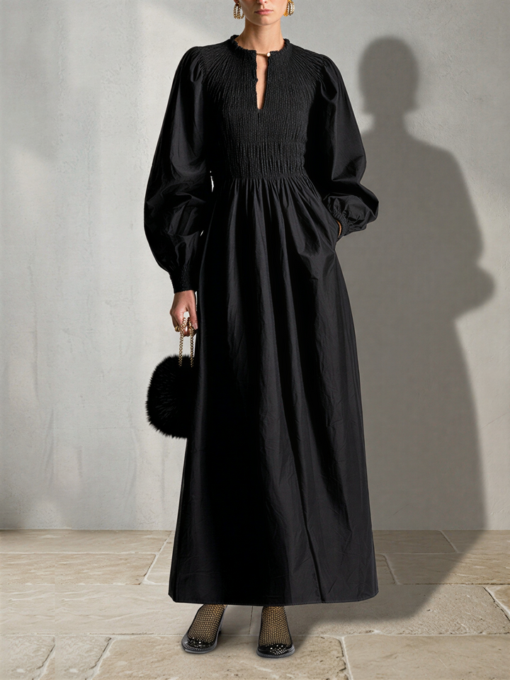 Women's Black Cotton Poplin Maxi Dress With Smocked Elastic Bodice & Puff Balloon Long Sleeves, Minimalist Elegant Side Pocket Flowy Maxi Dress MDZ0616G1LYL