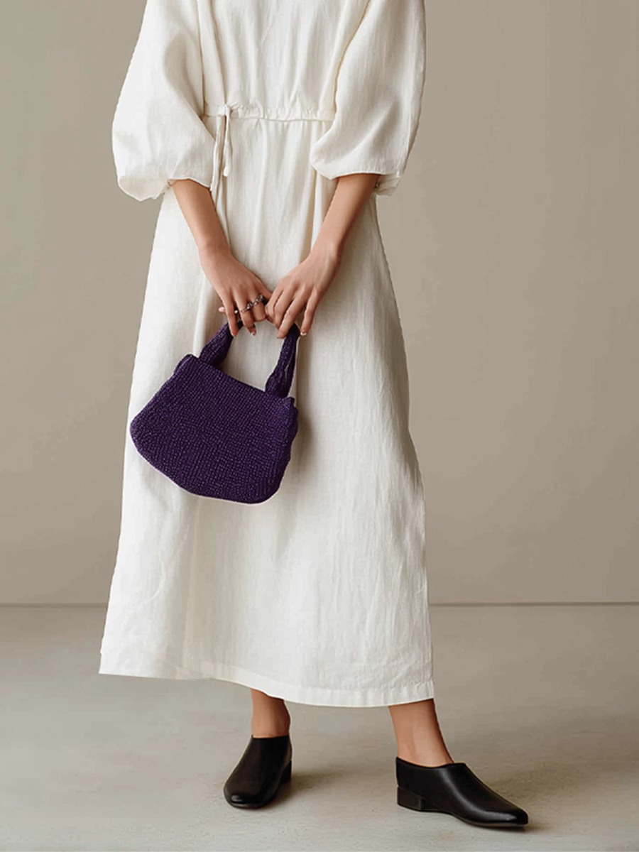 Women's Cream Textured Cotton-Blend Maxi Gown With Drop Shoulder Lantern Sleeves & Self Tie Waist Detail, Modern Effortless-Chic Everyday Maxi Dress MDZ0685G0LYL