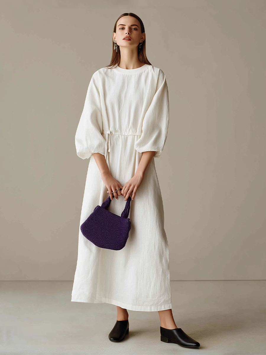 Women's Cream Textured Cotton-Blend Maxi Gown With Drop Shoulder Lantern Sleeves & Self Tie Waist Detail, Modern Effortless-Chic Everyday Maxi Dress MDZ0685G0LYL