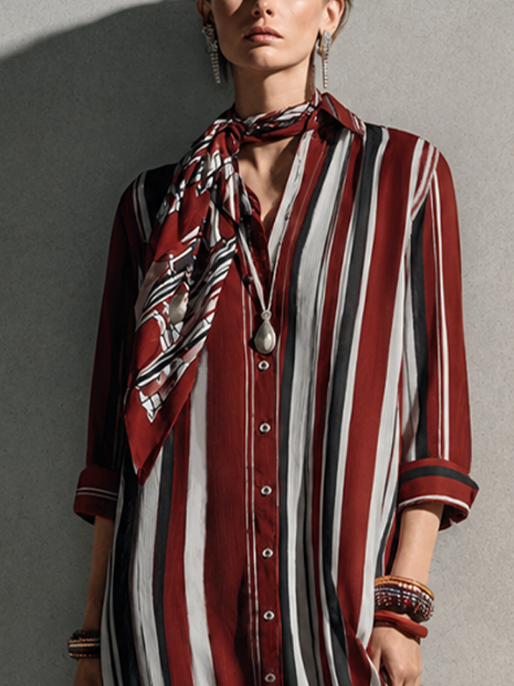 Women's Retro Casual Burgundy Cotton Blend Collared Three-Quarter Sleeve Color-Blocked Vertical Striped Long Shirt Dress MDZ0644G8GMJ