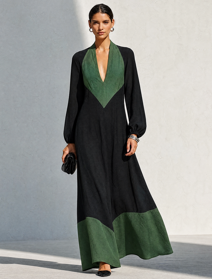Women's Minimalist Black & Green Color-Block Linen Maxi Dress MDZ0715G1ZRK