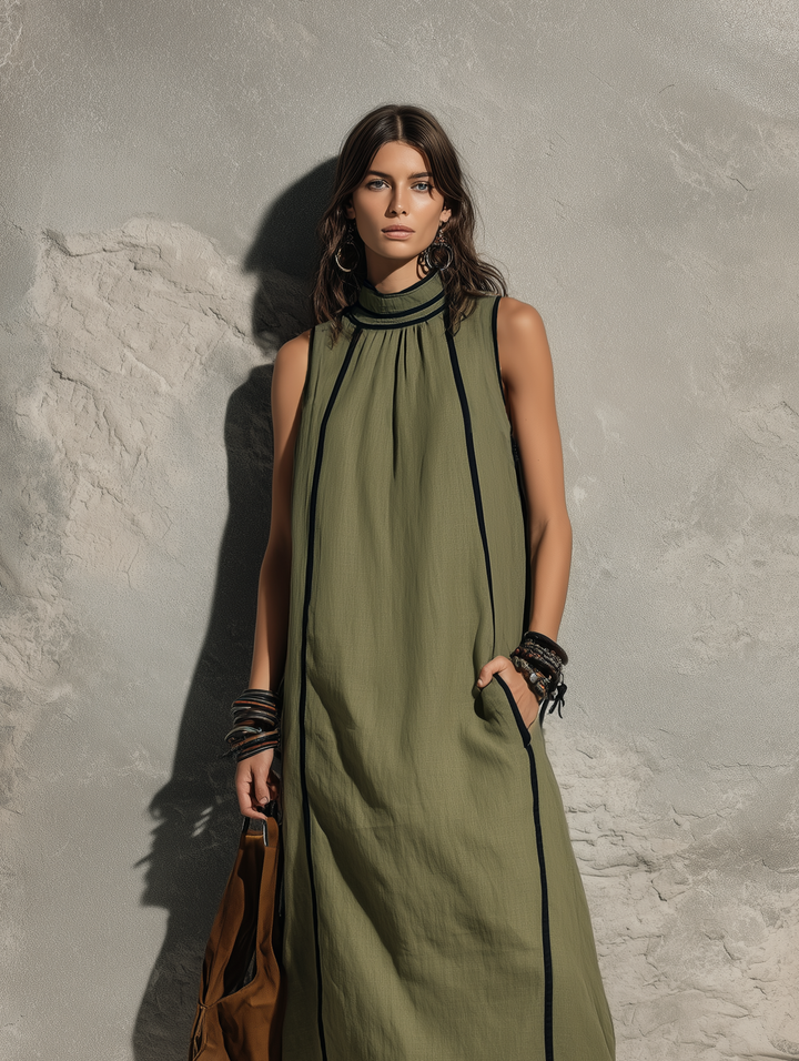 Women's Casual Army Green Cotton-linen Sleeveless Maxi Dress With A High Neck MDZ0762G3LXY