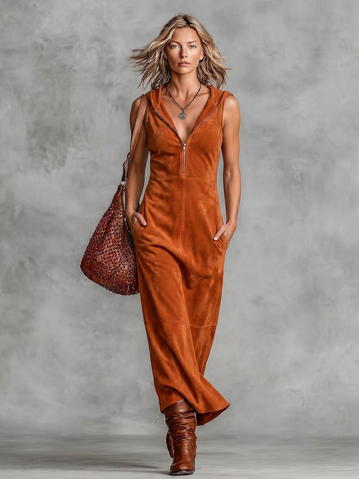Women's Rust Brown Faux Suede Texture Maxi Gown With V-Neck Zipper Placket & Mid Length Swing Skirt, Retro Chic Daily Slee Veless Maxi Dress MDZ0769G0LYL
