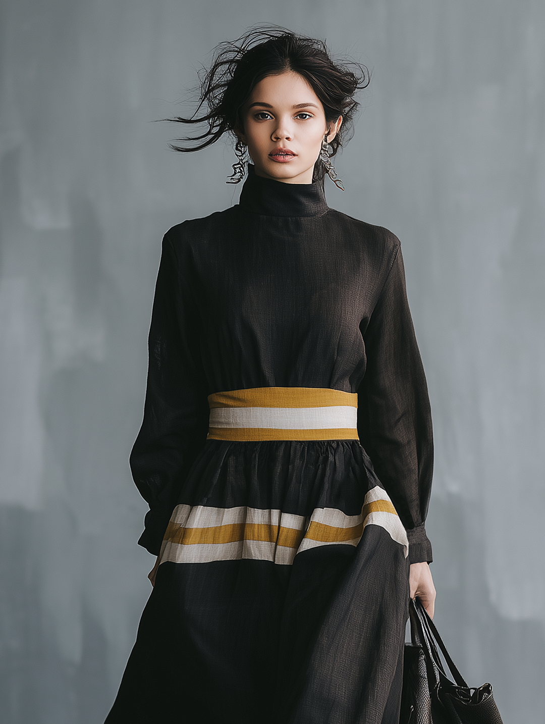 Women's Minimalist Color-Block Linen-Blend Long-Sleeve Maxi Dress With Mock Neck MDZ0872G8WY