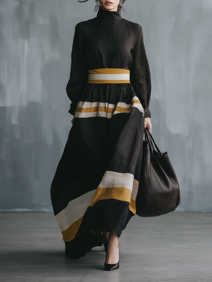 Women's Minimalist Color-Block Linen-Blend Long-Sleeve Maxi Dress With Mock Neck MDZ0872G8WY