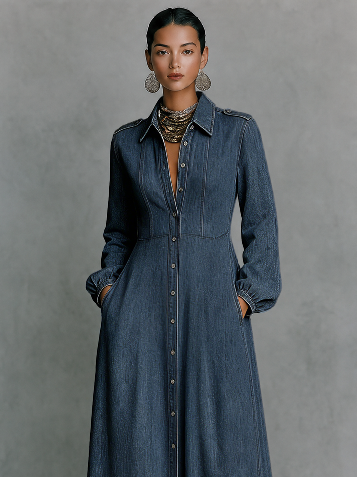 Women's Minimalist Long-Sleeve Denim Maxi Dress With Collar And Epaulettes MDZ0893G9WY