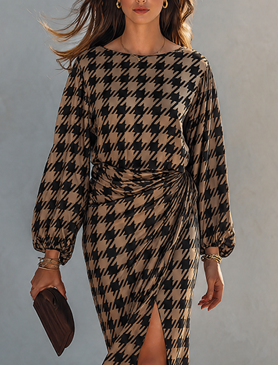 Women's Minimalist Houndstooth Print Long-Sleeve Maxi Dress With Side-Waist Ruching MDZ0948G3ZRK
