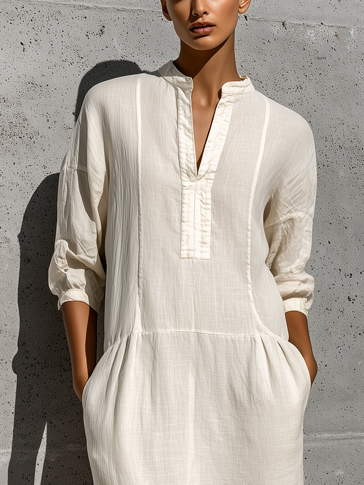 Women's Off White Cotton-linen Blend Stand Collar Split Neck Three Quarter Sleeve Pocket Midi Dress MDZ0815G3YZJ