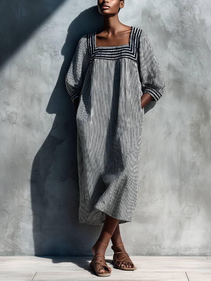 Women's Black White Vertical Stripe Linen Square Neck Puff Sleeve Pocket Loose Midi Dress MDZ0881G8YZJ