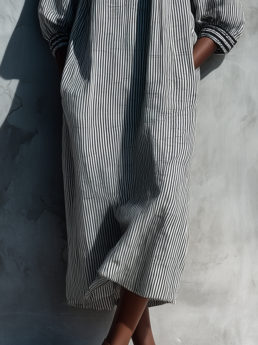 Women's Black White Vertical Stripe Linen Square Neck Puff Sleeve Pocket Loose Midi Dress MDZ0881G8YZJ