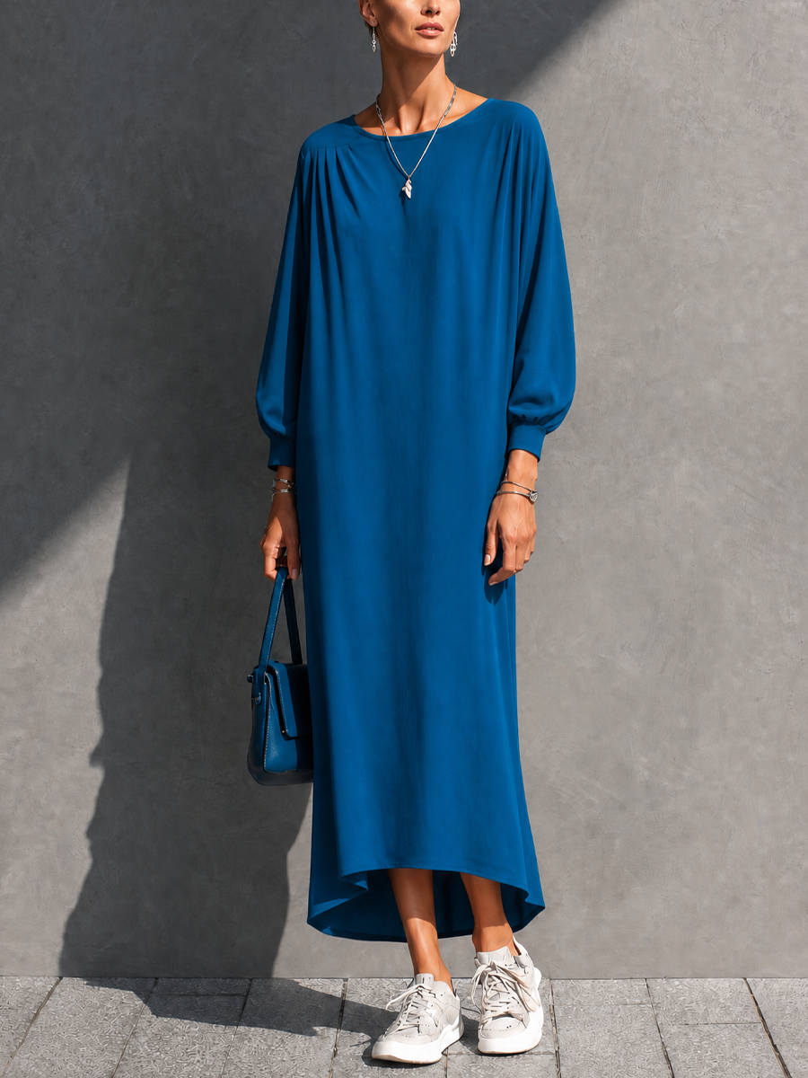 Women's Relaxed Lazy Royal Blue Cotton Blend Gathered Batwing Sleeve High Low Maxi Dress MDZ0946G1GMJ
