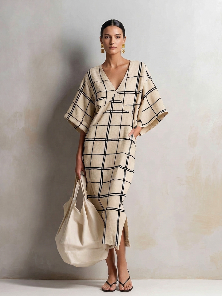 Women's Minimalist Beige Cotton Linen Blend Windowpane Check V-Neck Kaftan Midi DressMDZ1087G8ZSQ