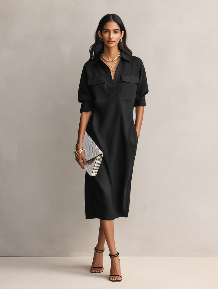 Shirt Collar Cotton-Linen Midi Dress