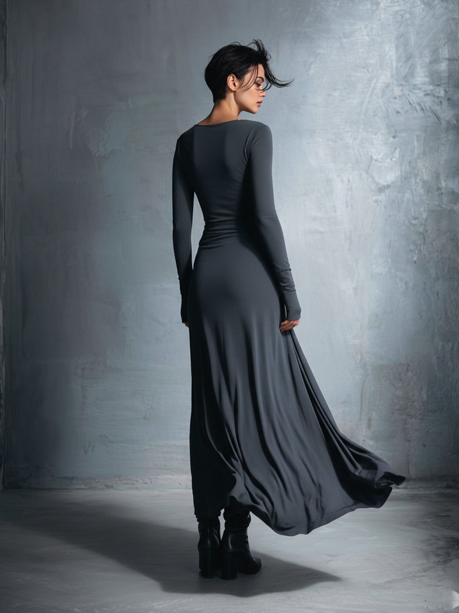 Women's Gray Exquisite Stretch Blended Fabric Wrap Dress - Knotted Maxi Dress MDA1401H9I