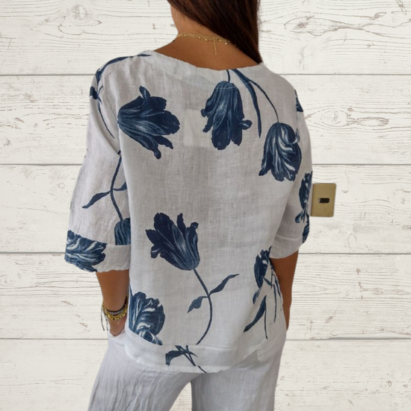 Despoina | Elegant Floral Print Top With Buttons