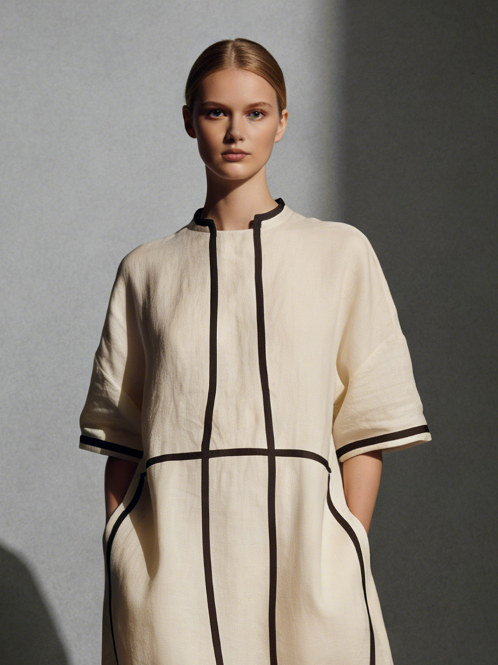 Women's Modern Linen Blend Beige Stand-Collar Half-Sleeve Contrast-Line Pocketed Maxi Dress  MDA2924L4AU