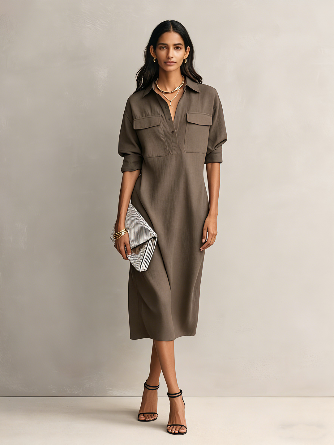 Shirt Collar Cotton-Linen Midi Dress
