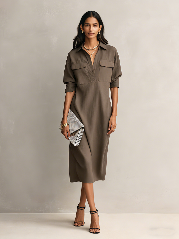 Shirt Collar Cotton-Linen Midi Dress